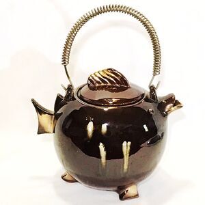 Vintage Tilso Footed Fish Tea Pot Spiral Wire Handle Redware Chipped Foot